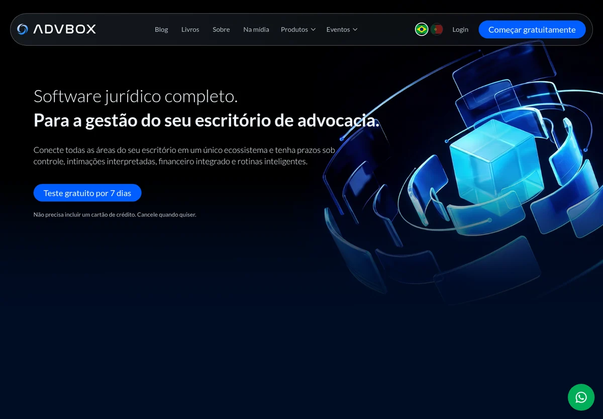 Página institucional da ADVBOX com interface escura e composição azul.