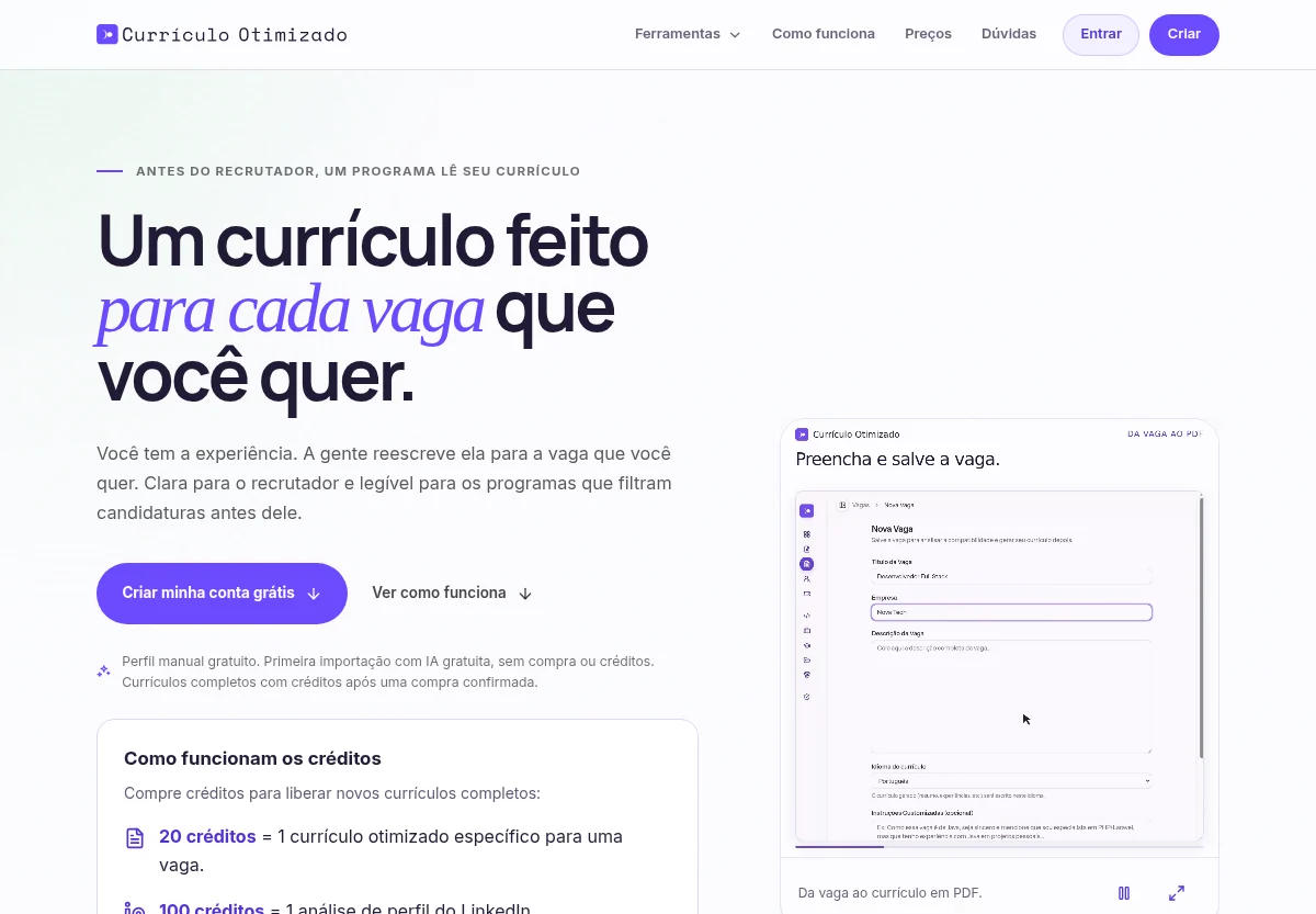 Página pública do Currículo Otimizado, com fundo claro e destaques em violeta.